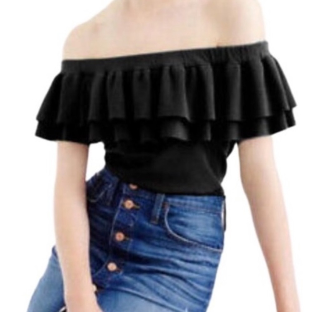 J Crew double ruffle off shoulder knit top